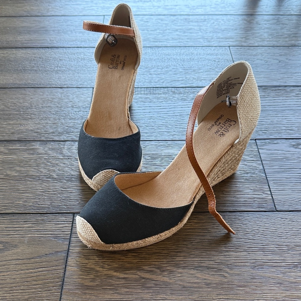 croft & barrow Black Canvas Wedge Espadrilles with Brown Ankle Strap